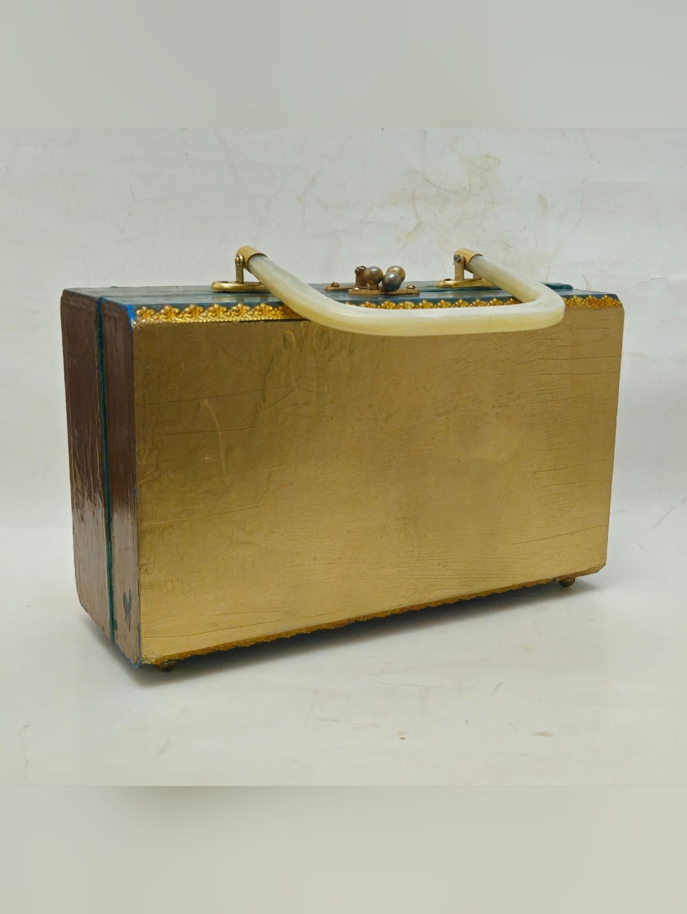 Vintage gold and green wood purse with Lucite handle, trim and electric blue vel